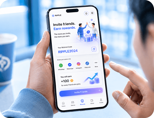 Smartphone showing RIPPLE invite friends and earn rewards referral screen
